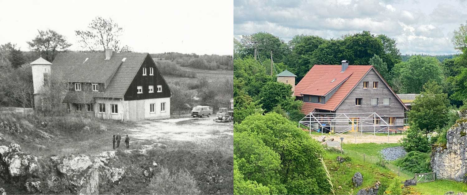 Vergleichsansicht vom Gebäude des Naturschutzzentrums früher, vor etwa 30 Jahren (links) im Vergleich zu heute (rechts)